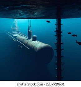 Submarine Ship Approaching Underwater Damaged Pipeline Stock ...