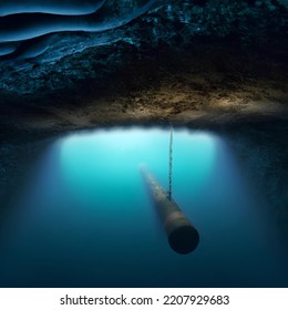 Submarine Ship Approaching Underwater Damaged Pipeline Leaking In The Deep Dark Ocean Like The Nord Stream Illustration