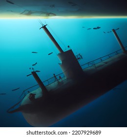 Submarine Ship Approaching Underwater Damaged Pipeline Leaking In The Deep Dark Ocean Like The Nord Stream Illustration