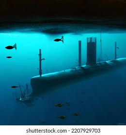 Submarine Ship Approaching Underwater Damaged Pipeline Leaking In The Deep Dark Ocean Like The Nord Stream Illustration