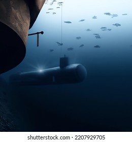 Submarine Ship Approaching Underwater Damaged Pipeline Leaking In The Deep Dark Ocean Like The Nord Stream Illustration