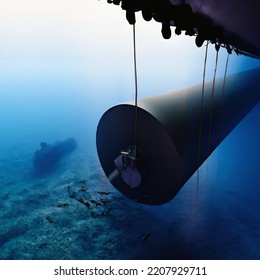 Submarine Ship Approaching Underwater Damaged Pipeline Leaking In The Deep Dark Ocean Like The Nord Stream Illustration