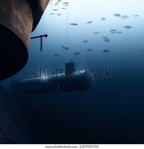 Submarine Ship Approaching Underwater Damaged Pipeline Stock ...