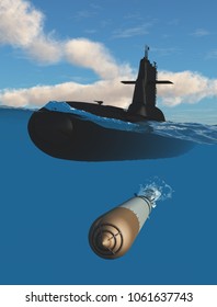 A Submarine And A Torpedo In The Sea .3d Render