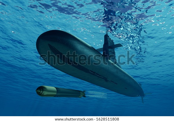 A submarine\
and a torpedo in the sea .3d\
render
