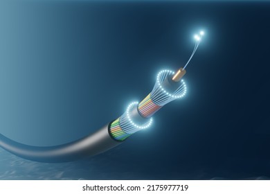 Submarine Underwater Communication Fibre Optic Cable On Deep Sea Bed. 3D Rendering