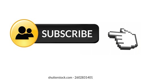 Subscribe button icon with pixelated hand cursor clicking for online engagement. Digital, interaction, marketing, internet, user, widget - Powered by Shutterstock - Get 15% off with code: PIKWIZARD15