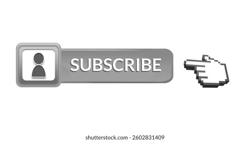 Subscribe button with pixelated hand cursor clicking for online content engagement. digital, marketing, interaction, call to action