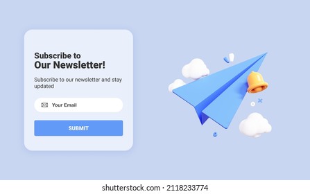 Subscribe To Newsletter Banner Template With Cartoon Paper Airplane. Email Business Marketing Concept. Subscription To News And Promotions. Registration Form. Web Button Mockup. 3D Rendering
