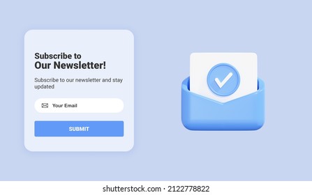 Subscribe To Newsletter Banner Template With Letter Envelope And Check Mark. Email Business Marketing Concept. Subscription To News And Promotions. Registration Form. Web Button Mockup. 3D Rendering