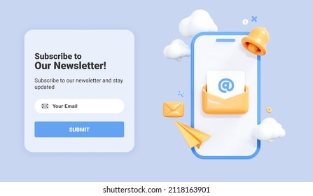 Subscribe To Newsletter Banner Template. Mobile Phone With Letter In Envelope. Subscription To News And Promotions. Online Email Newsletter. Marketing And Business Web Page. UI Mockup. 3D Rendering