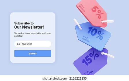 Subscribe To Newsletter And Get A Discount Code Coupons For Your Purchases. Email Business Marketing Concept. Subscription To News And Promotions. Registration Form. Web Button Mockup. 3D Rendering