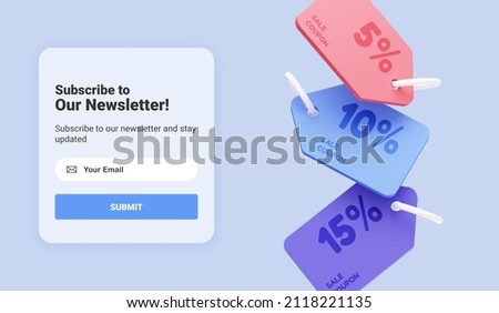 Subscribe to newsletter and get a discount code coupons for your purchases. Email business marketing concept. Subscription to news and promotions. Registration form. Web button mockup. 3D Rendering
