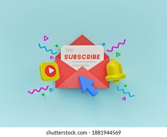 Subscribe Newsletter. Open Mail Envelope, Play Button, Bell Icon. Minimal Background For Website And Social Media. 3d Rendering