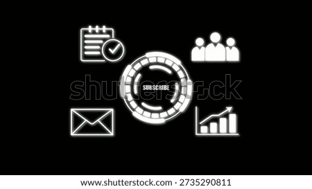 Subscribe showing glowing circular subscribe surrounded by calendar email people and growth chart symbols on black background. resolution use.