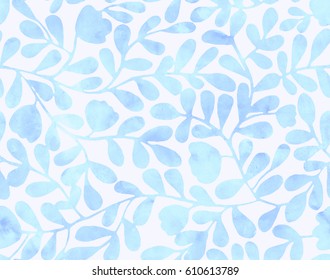 Subtle hand drawn seamless pattern (tiling) with watercolor leaves, flowers, and branches. Isolated objects on a white background. Floral clip art perfect for floral design projects, pattern fills.