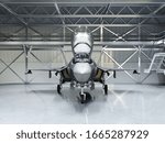 Subtle multifunctional fighter-bomber, fifth generation. Modern fighter in the hangar. 3D rendering.