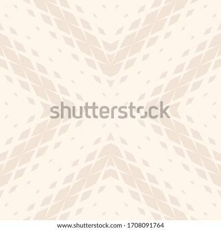 Subtle raster geometric seamless pattern with fading rhombuses, diamonds, diagonal grid. Halftone gradient transition effect. Delicate modern background in light beige color. Abstract minimal texture