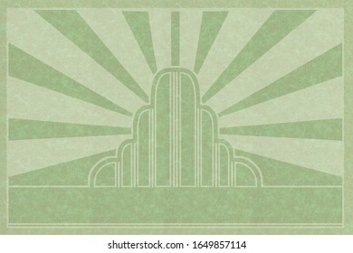 Subtle Shades Of Green Tones And Textures, Art Deco Graphic Background With Copy Space. A Representation Of Sun Rays Over A City 