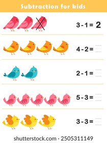 Subtraction Worksheet for Kids. Basic Subtraction Problems with Pictures. Fun Math Game.	