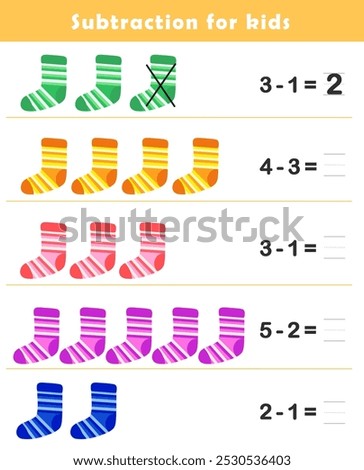 Subtraction Worksheet for Kids. Basic Subtraction Problems with Cute Socks Illustration. Fun Math Game.
