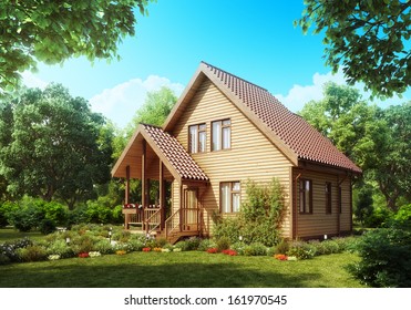 Suburban Wooden House. Cozy Home Exterior.