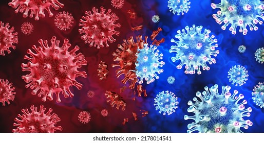 Subvariant Virus Spreading As Viral Pathogens Mutating Variants And Mutation As A Transmissible Health Risk Concept And New COVID-19 Outbreak Or Coronavirus Mutations And Influenza As A 3D Render.