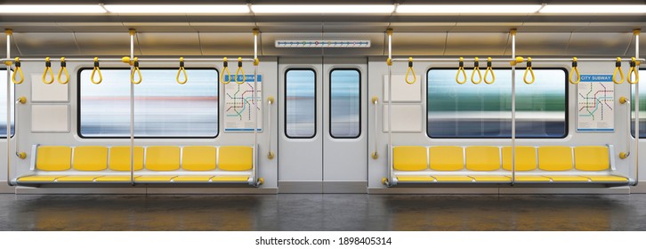 Subway car empty interior, metro cross section, 3d rendering
