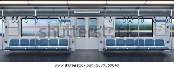 Subway car empty interior, metro cross section,\
3d rendering