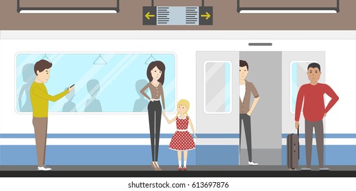 Subway interior set with train, enter and inside the railway. Train awaiting.