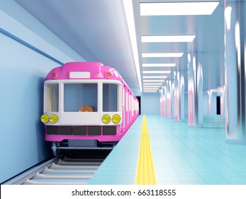 Subway Train Arrive On Station. 3d Illustration.