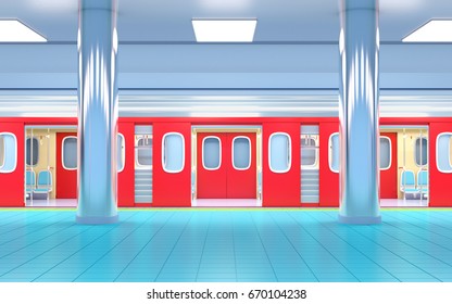 Subway Train Arrive On Station Side View. 3d Illustration.