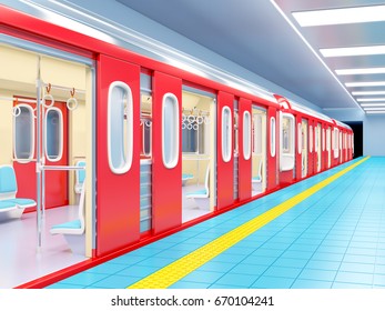 Subway Train Arrive On Station. 3d Illustration.