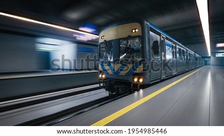 Subway train arriving to empty metro station. Train in subway station. 3d illustration