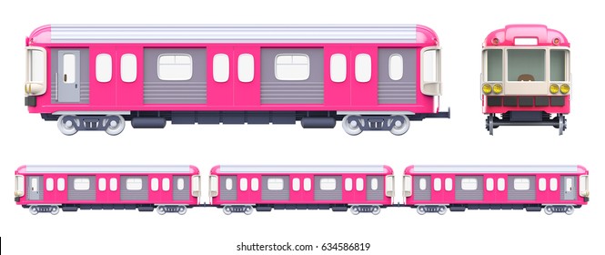subway train front and side view, in retro style isolated on white. 3d illustration