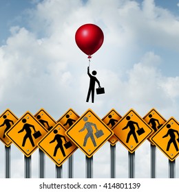 Success Business And Successful Businessperson Metaphoric Corporate Concept As A Group Of Signs With An Individual Person Breaking Free With The Support Of A Balloon With 3D Illustration Elements.