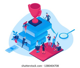 Success career isometric infographic 3d concept, creative man teamwork illustration with leader climbing career path reach goal, people meeting thinking of motivation, strategy, efficient job - Powered by Shutterstock