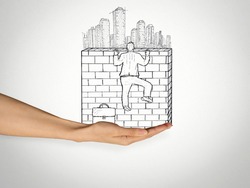 Success Challenge Climb. Sketch Of Businessman Climbing To The Top Of Brick Wall With A City Skyline Behind It. Urbanization Competitive Advantage Career Growth Competition Obstacle Solution Concept 