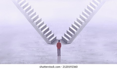 Success choice hope way and freedom concept idea, conceptual painting, surreal 3d illustration, fantasy artwork, a man with surreal stairs