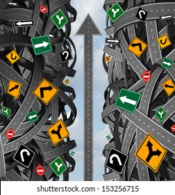 Success Focus And Clear Strategy For Solutions In Business Leadership With A Straight Upward Path To Choosing The Right Strategic Plan With Confusing Traffic Signs Cutting Through A Maze Of Highways.