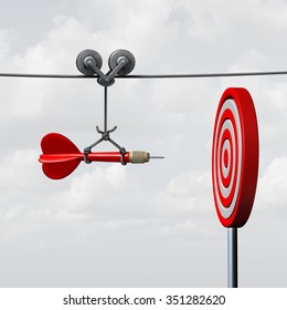 Success hitting target as a business assistance concept with the help of a guide as a symbol for goal achievement management and aim to hit the bull's eye as a dart assured to go straight to center.
