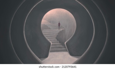 Success Hope Ambition And Dream Concept. Surreal Artwork. Businessman With A Stair In A Key Hole Gate, Business Background 3d Illustration. Painting