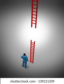 Success Problems And Facing A Bad Break Or Tough Luck As A Business Concept With A Broken Red Ladder With A Business Person Looking For A Solution To The Difficult Challenge Ahead.