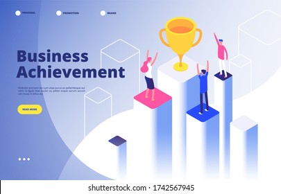 Success team isometric concept. Business triumph achievement corporate mission best award competition winner goal background