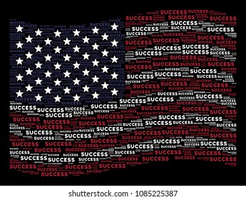 Success text items are composed into waving United States flag abstraction on a dark background. Raster composition of USA state flag is made from success text items.