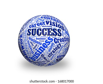 SUCCESS, in a word cloud designed in a 3D sphere with shadow