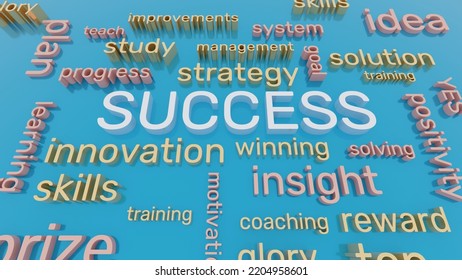 Success word and terms cloud perspective view background. 3d illustration