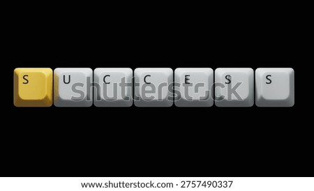 success.Computer keyboard keys spelling.Flat lay view from above on blue background with computer keyboard keys buttons.IT technology concept.3D rendering on black Screen for footage
