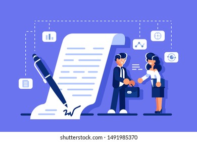 Successful Business Agreement. Smiling Businessman And Businesswoman Shaking Hands And Agree To Sign Contract After Discussion Illustration. Partnership Concept Flat Style Design