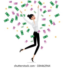 Successful Business Concept, Money Falling On Business Woman | Raster Version